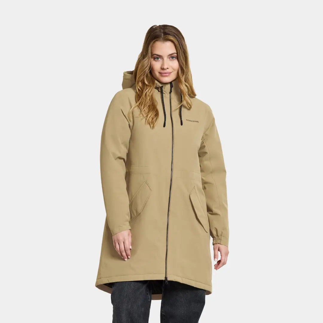 Beige hooded winter coat in soft polyester weave, Didriksons Marta-Lisa Parka 3