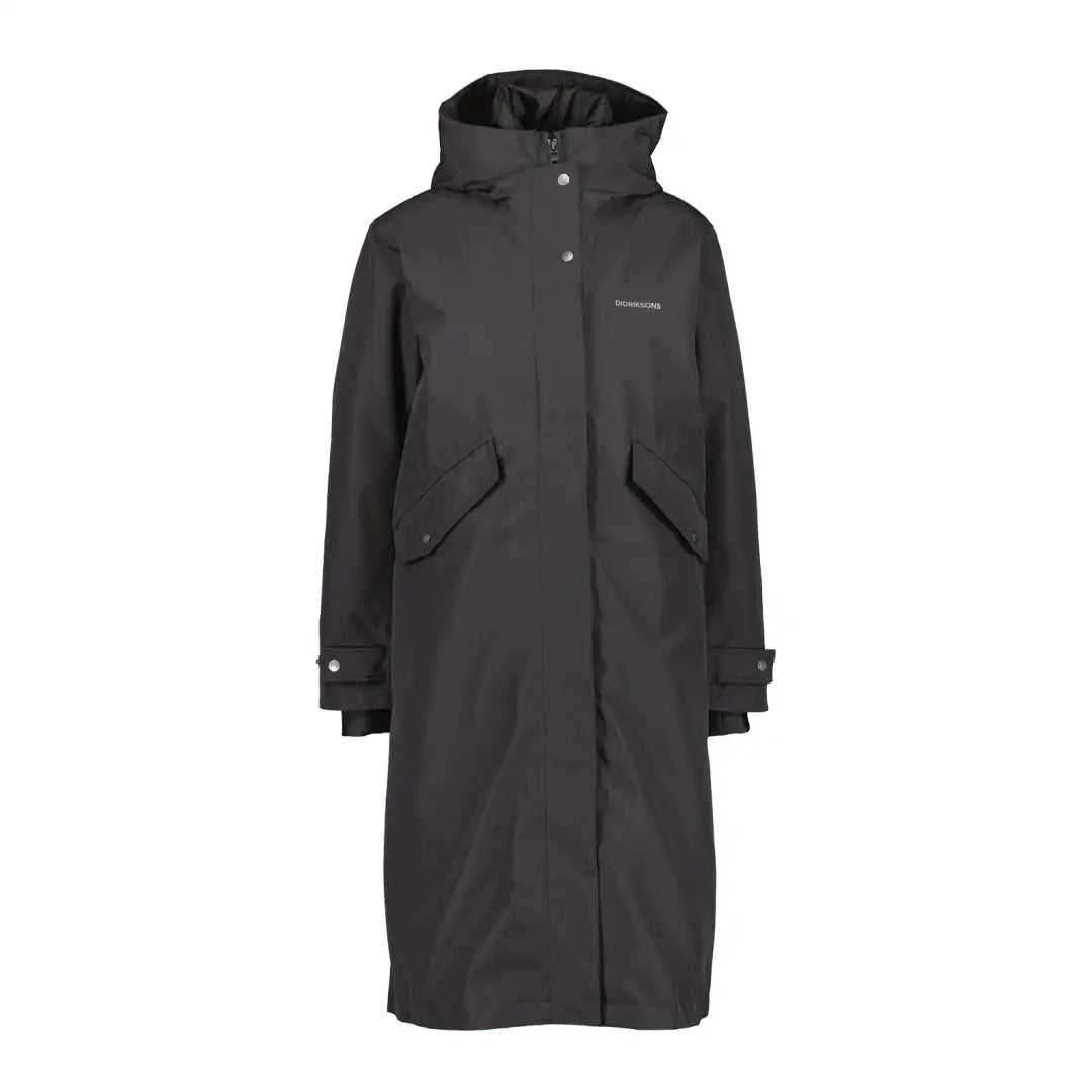 Long dark gray hooded winter coat with pockets, the Didriksons Mia Long Everyday Parka