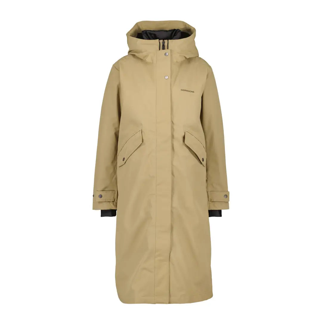 Long beige Didriksons Mia Long Womens Parka with zippered front and side pockets