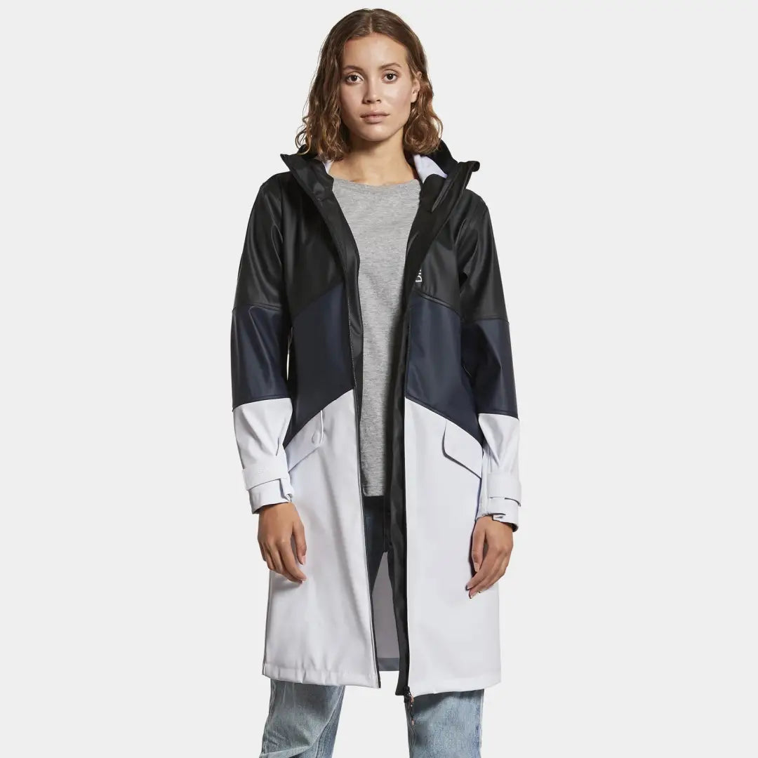 Color-blocked Didriksons Sigrid Womens Parka in black, navy, and white with a hood