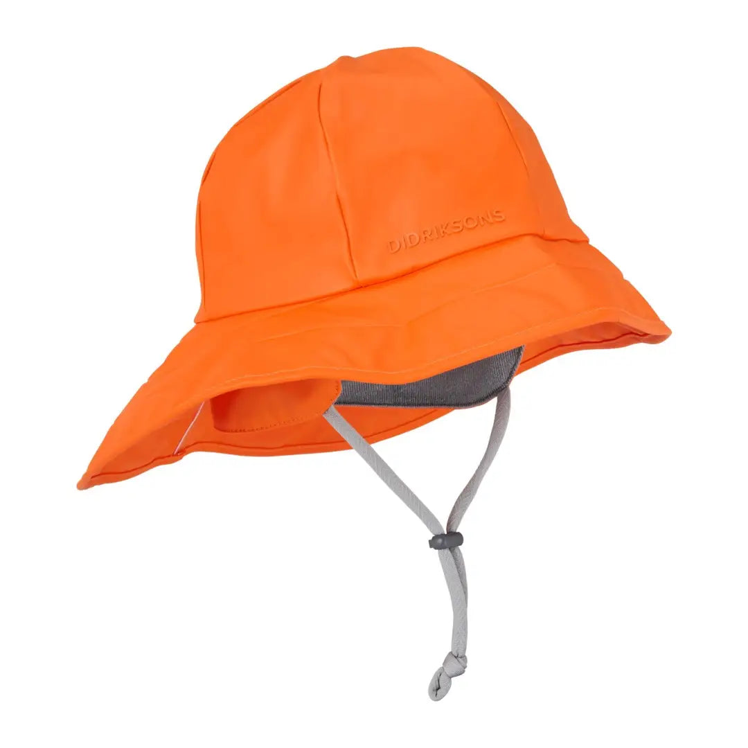 Bright orange Didriksons Southwester Waterproof Rain Hat with chin strap for wet weather