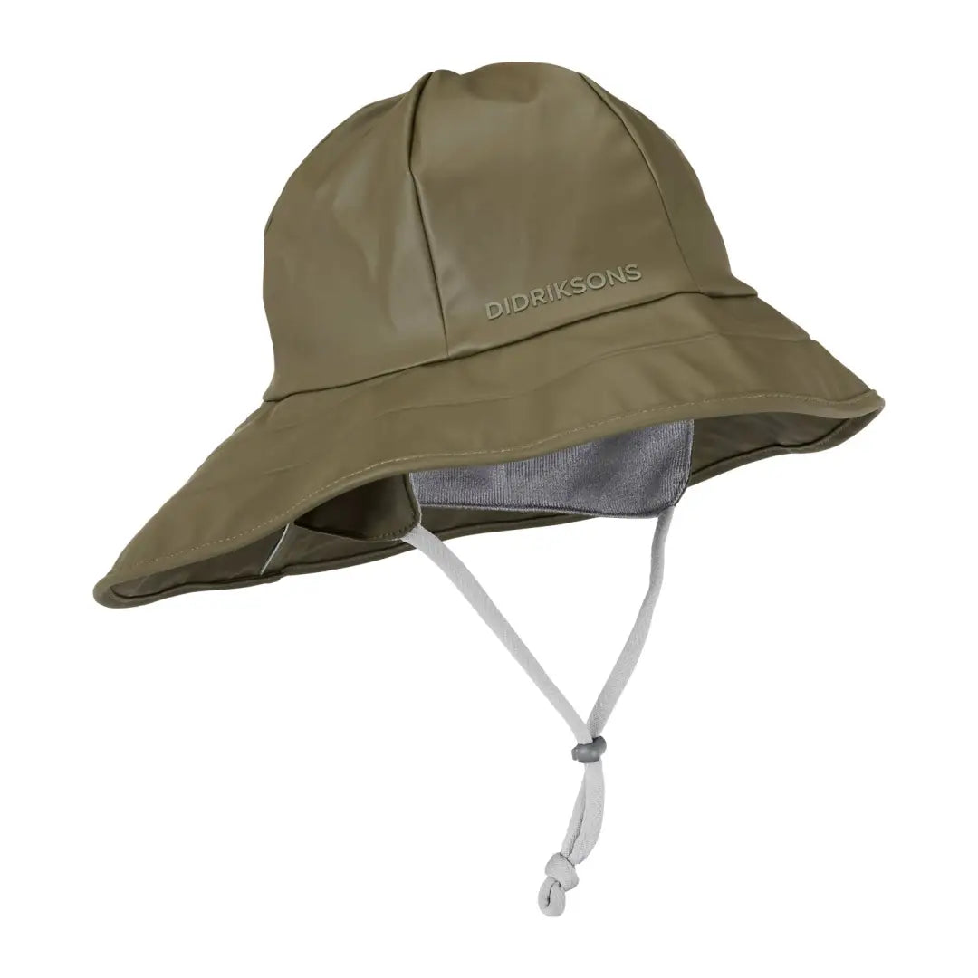 Olive green Didriksons Southwester waterproof rain hat with wide brim and chin strap