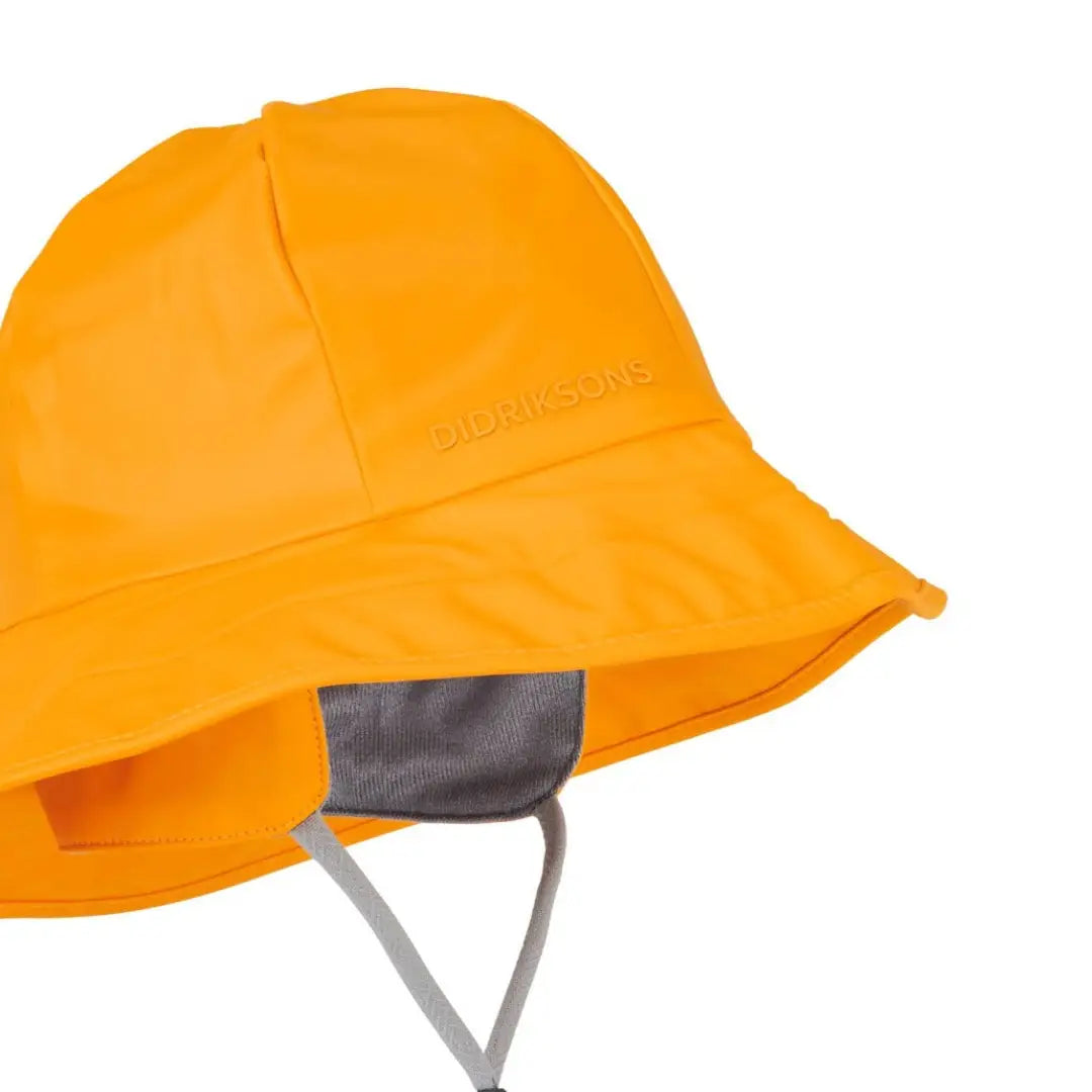 Bright yellow Didriksons Southwester Waterproof Rain Hat with gray chin strap