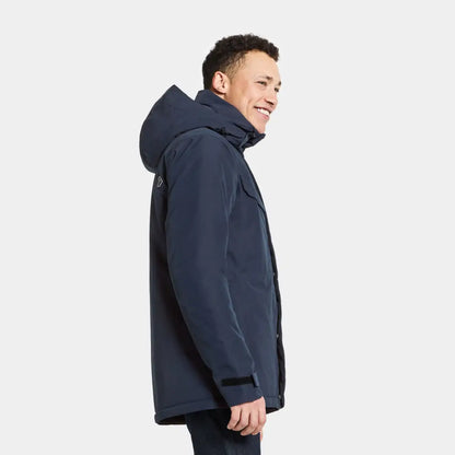 Navy blue Didriksons Stefan Jacket featuring a cozy hood and high collar for winter style