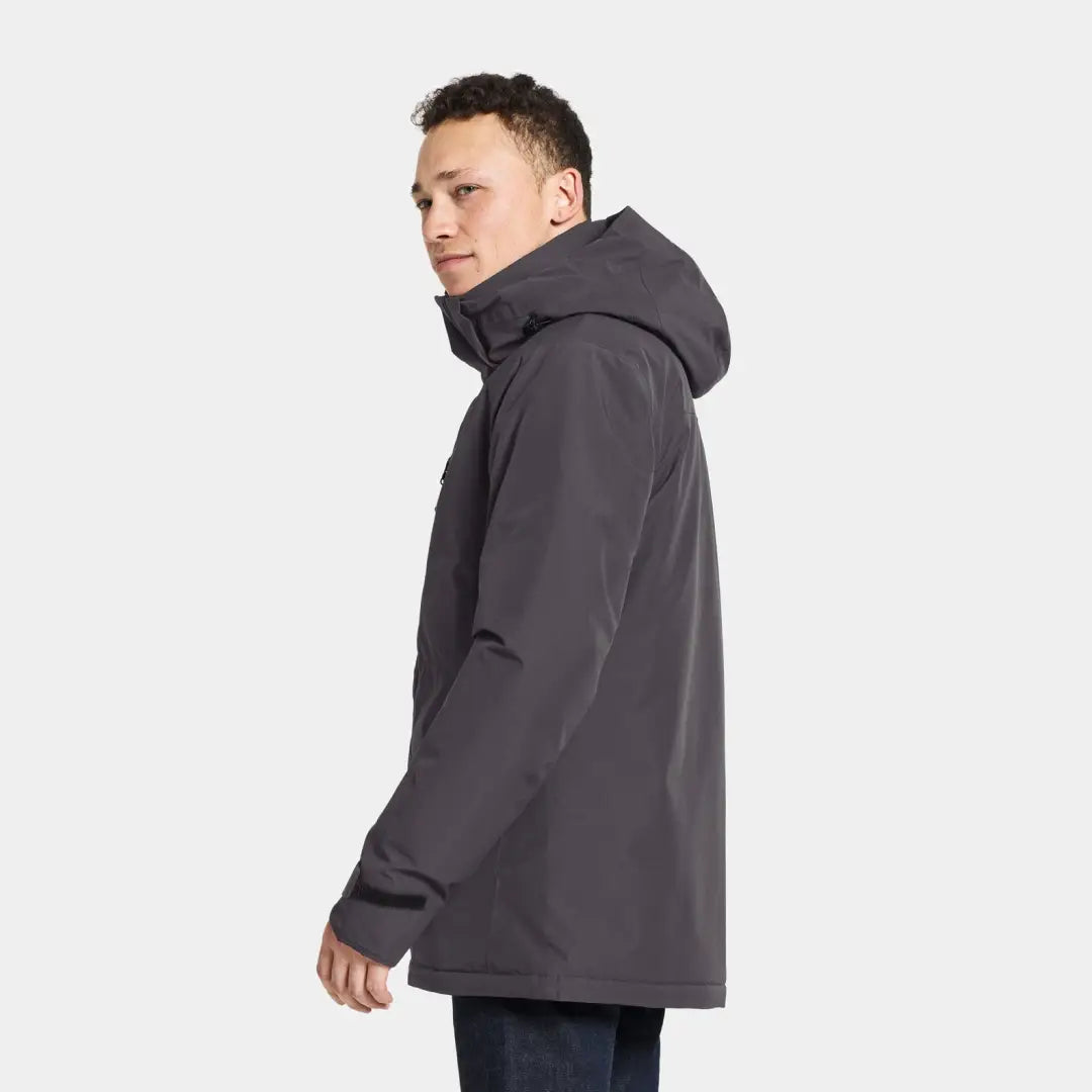 Gray hooded Didriksons Stefan Jacket made from conventionally dyed polyester fabric