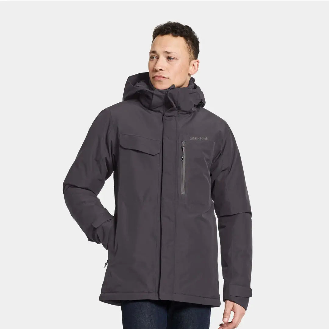 Dark gray Didriksons Stefan Jacket made of dyed polyester polyamide with multiple pockets