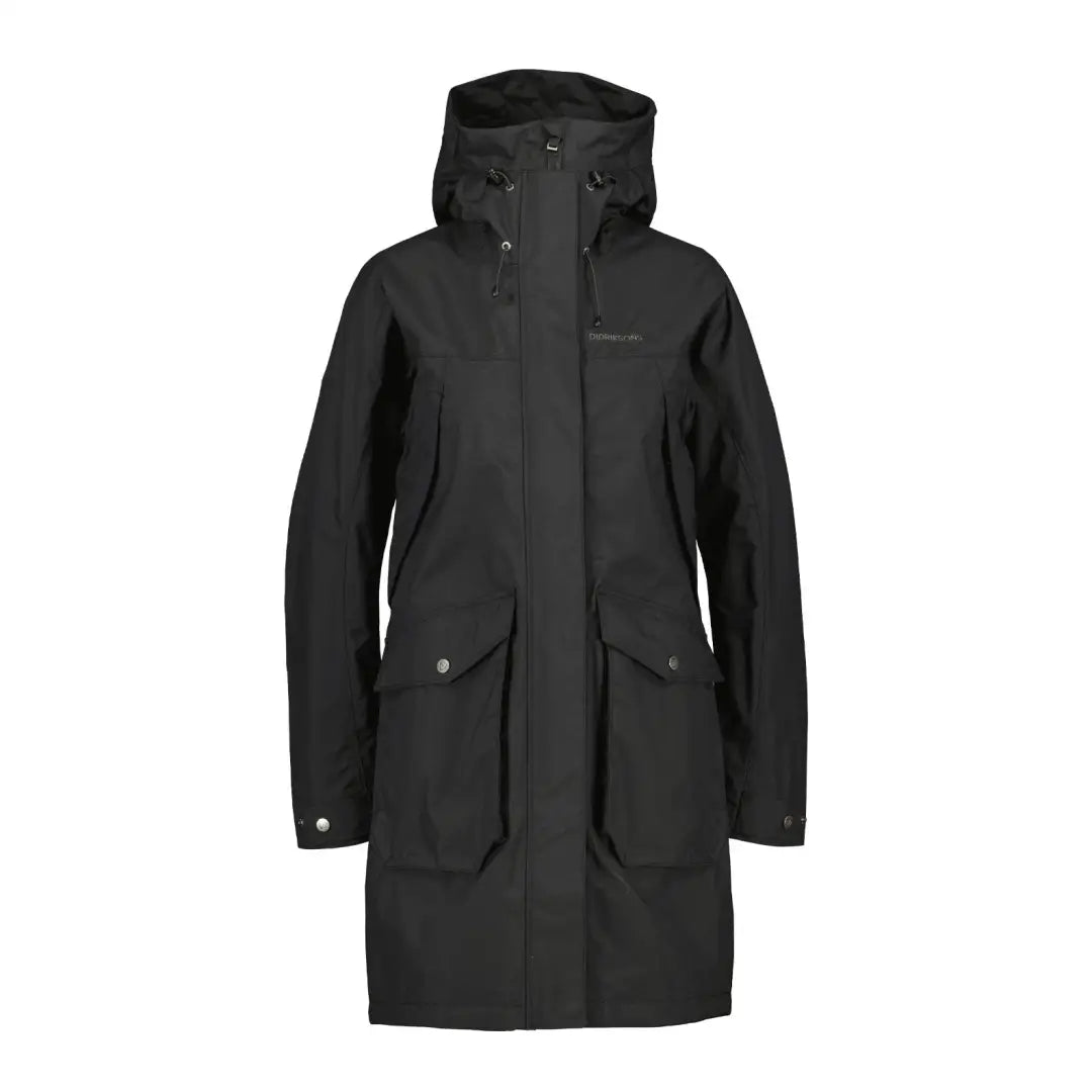 Black hooded Didriksons Thelma Womens Parka 10, fully waterproof windproof with pockets