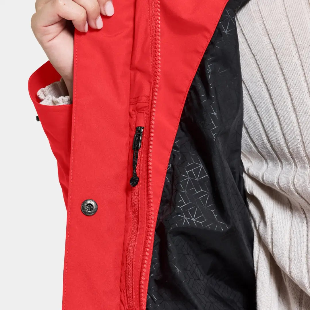 Red Didriksons Thelma Womens Parka with zipper and inner pocket, showcasing iconic style