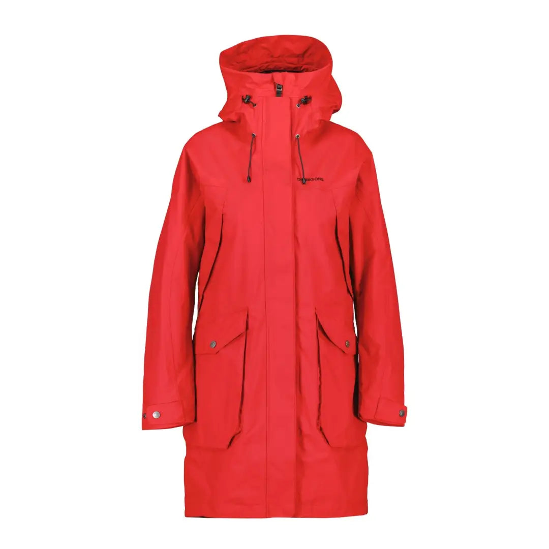 Bright red Didriksons Thelma Womens Parka in woven nylon with pockets and zipper closure