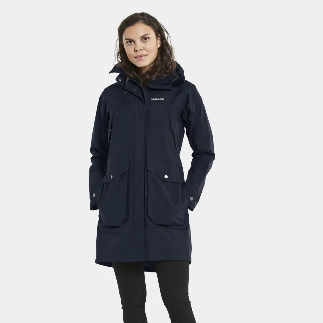 Navy blue Didriksons Thelma Womens Parka 8 in woven nylon fabric with pockets