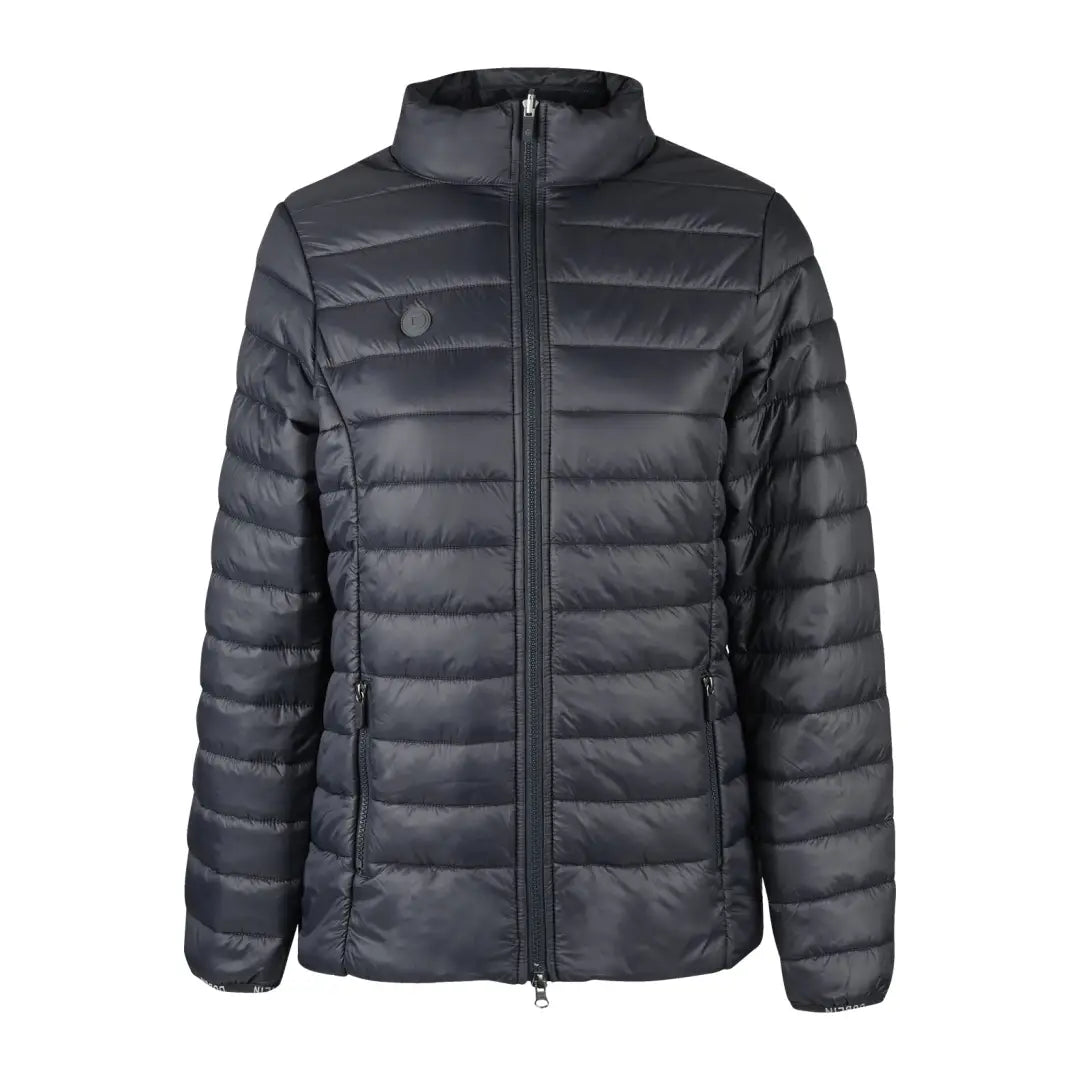 Black quilted puffer jacket with high collar, perfect for year round technical wear