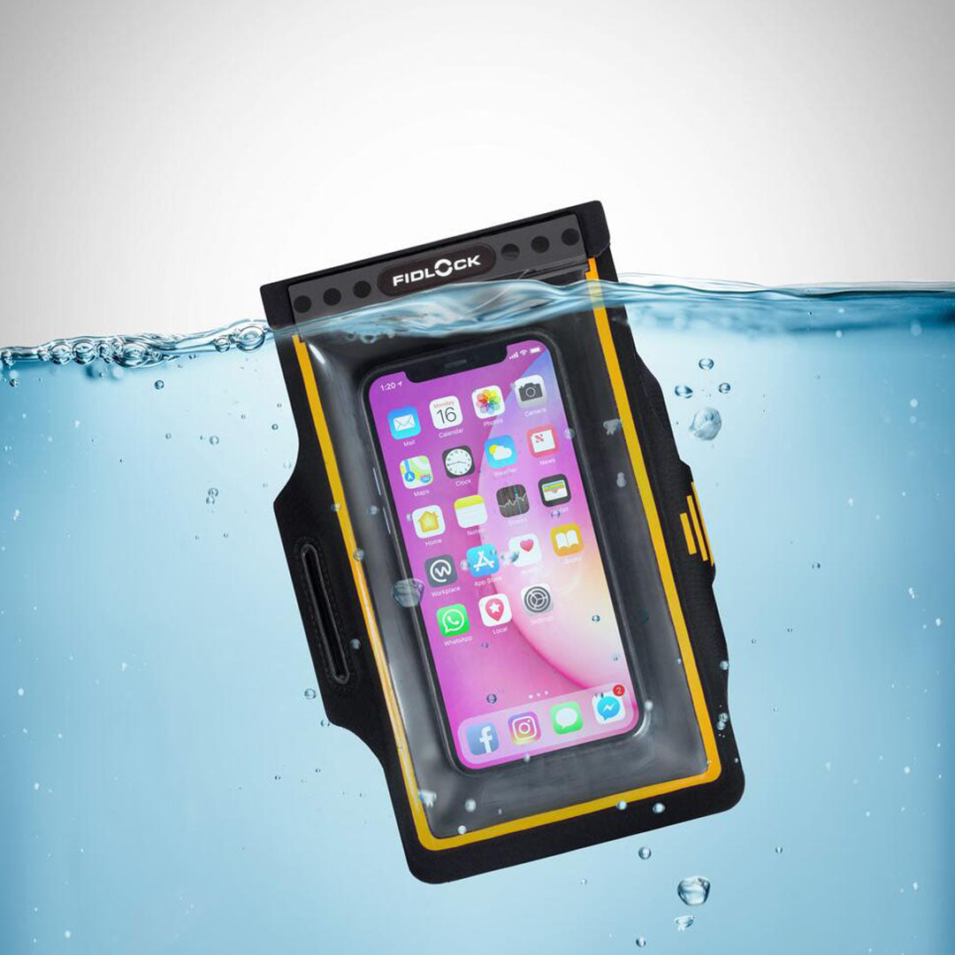 Waterproof Fidlock Dry Bag with smartphone inside, perfect for adventures and dry bags