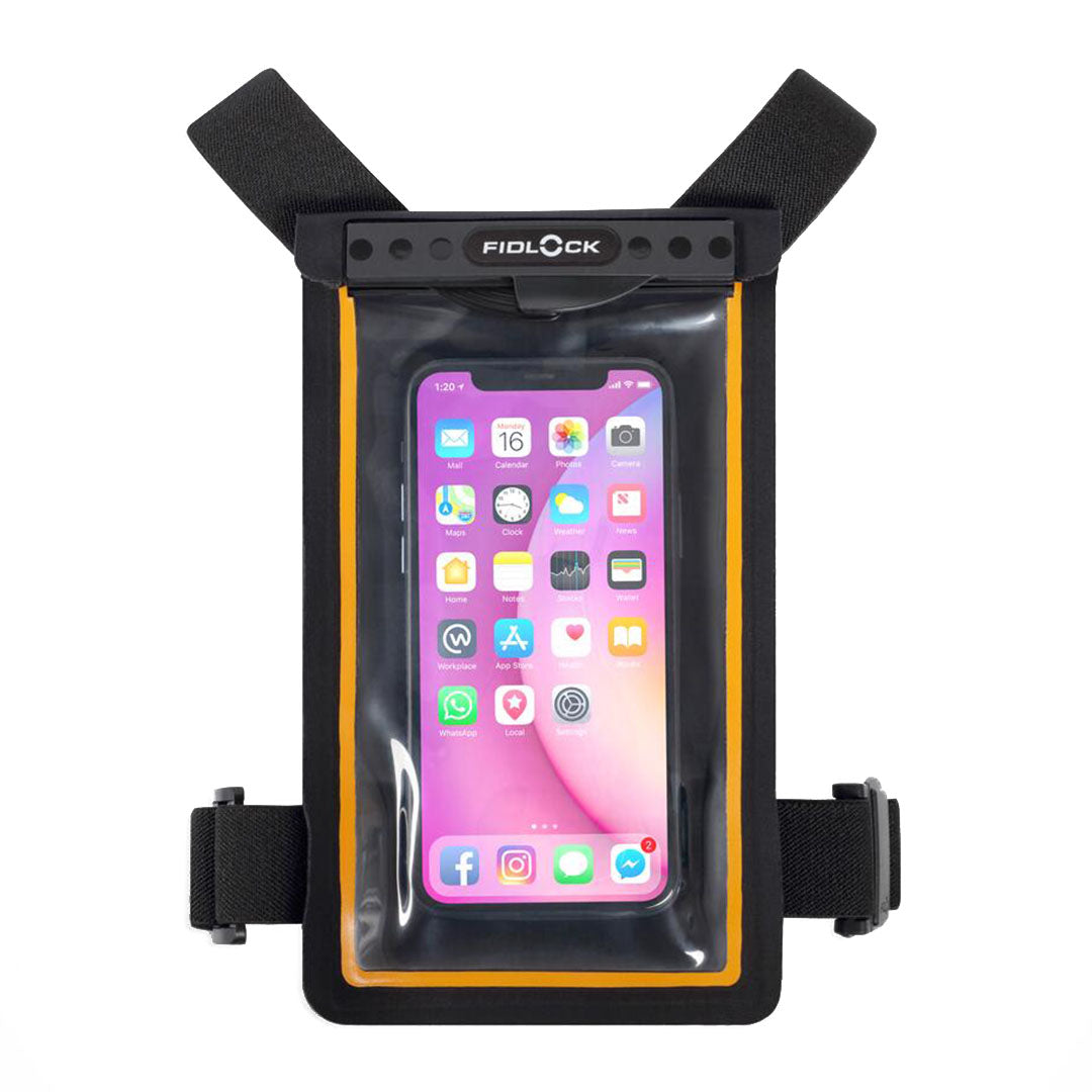 Waterproof phone pouch with straps on the Fidlock Chest Dry Bag for all your adventures