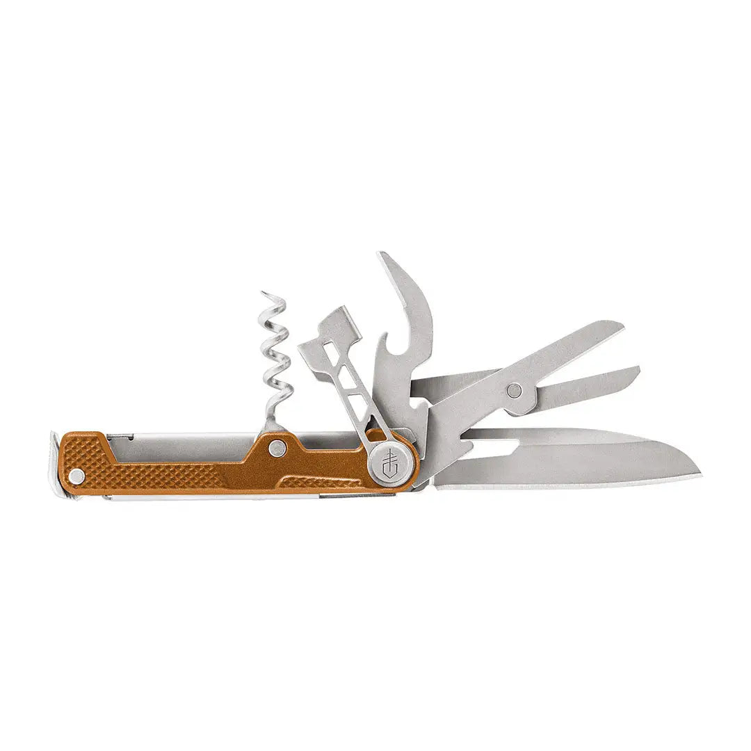 Image of Gerber Armbar Cork multitool with multiple folding tools and bright orange handle