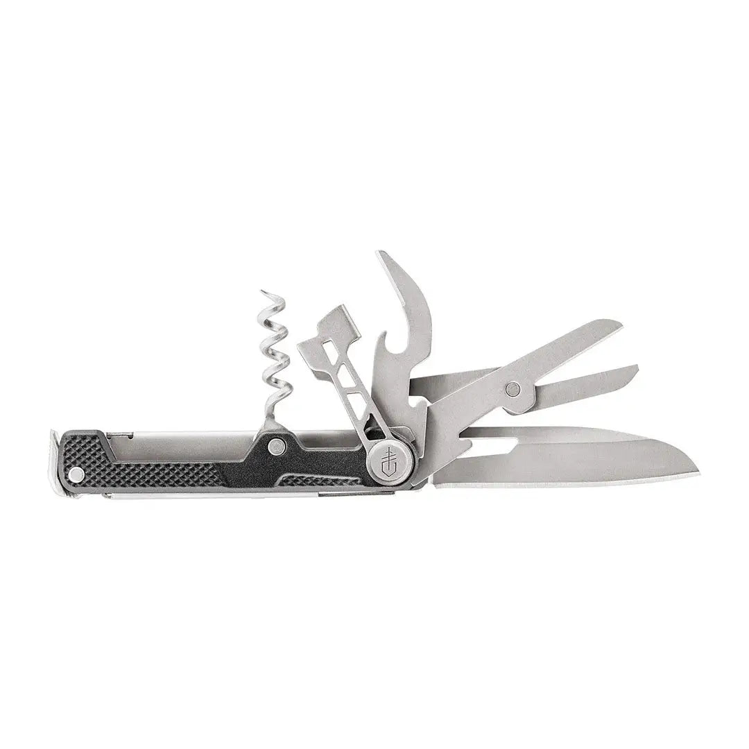 Multi-tool pocket knife with blades, scissors, and corkscrew perfect for day asks