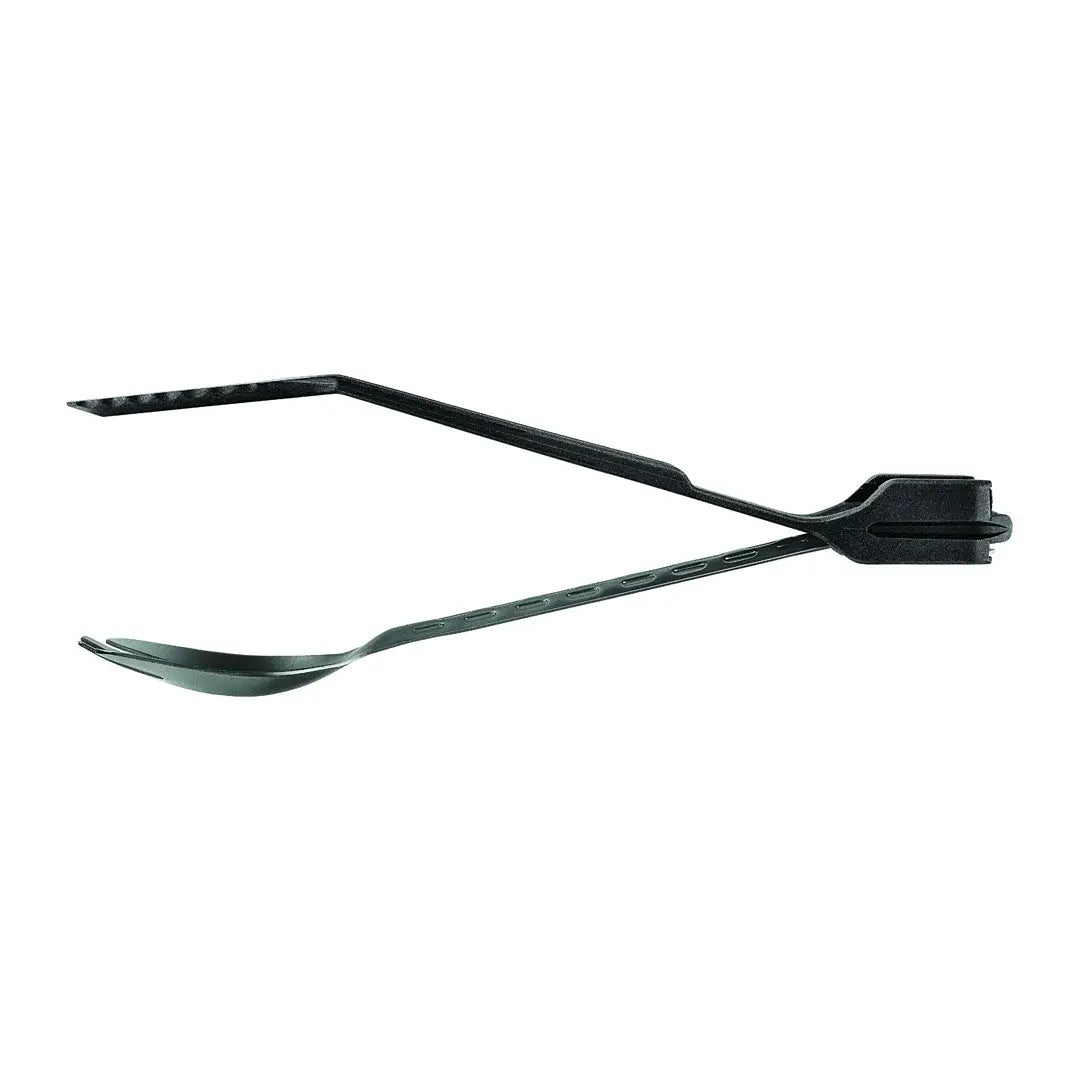 Sleek black Gerber ComplEat Cook Eat Clean Tongs in a curved design for cooking outdoors