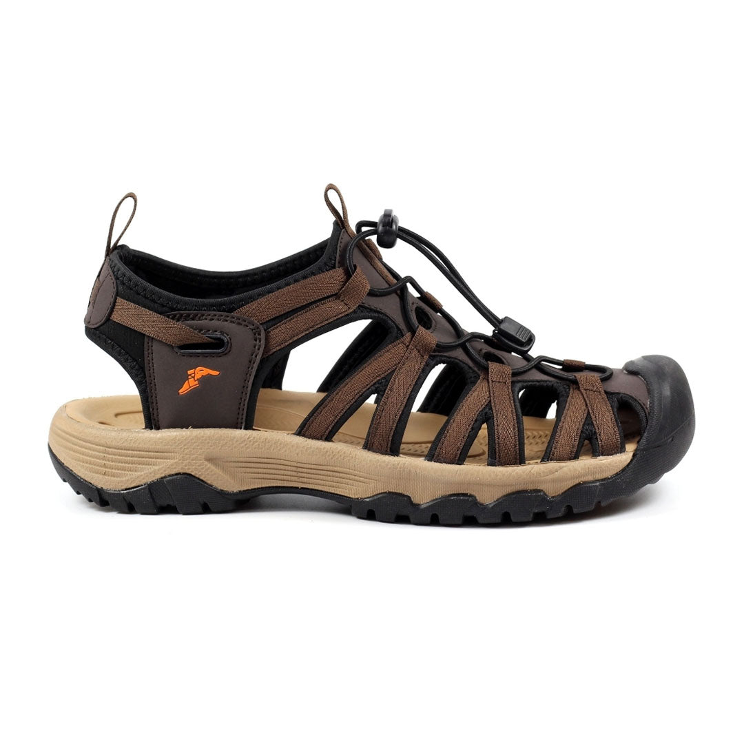 Brown leather fisherman sandal from Goodyear Grasmere with adjustable elastic and padded insole