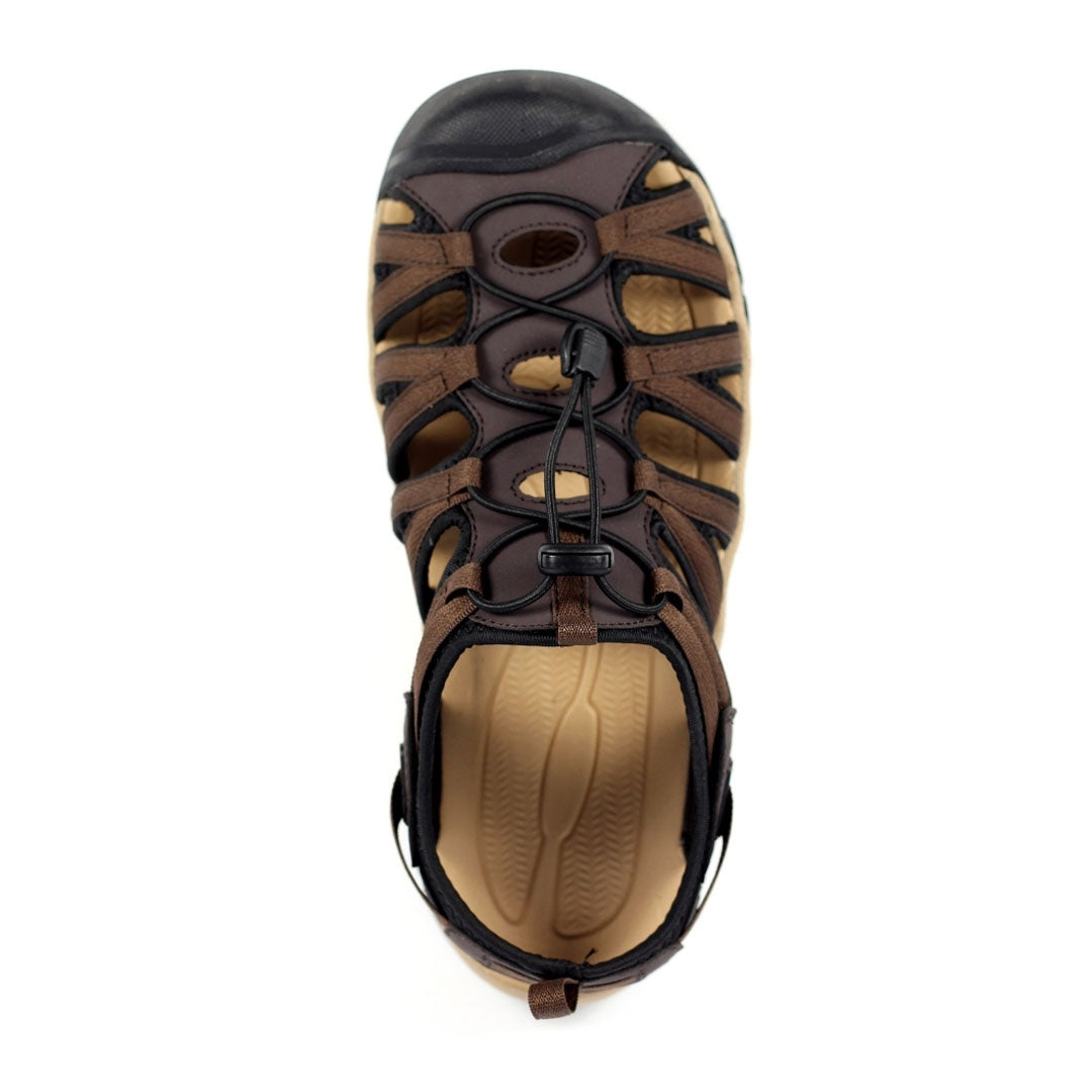 Brown leather sandal from Goodyear Grasmere with adjustable elastic and padded insole