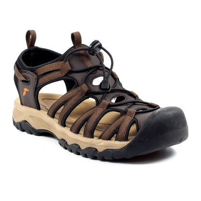 Brown and black closed-toe sandal with synthetic upper and padded insole for comfort