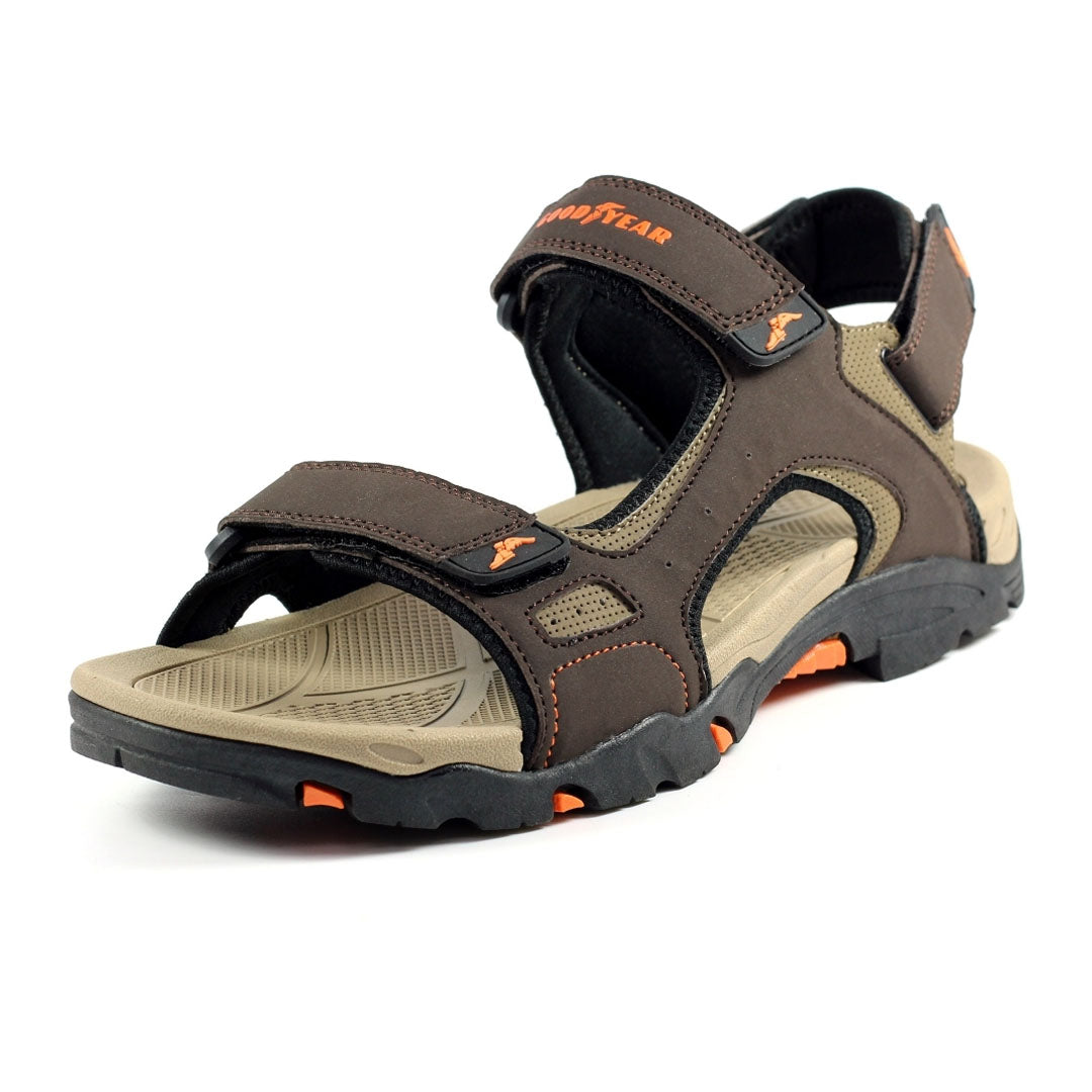 Brown and tan Goodyear Malvern Men’s Sandals with adjustable straps and padded insole