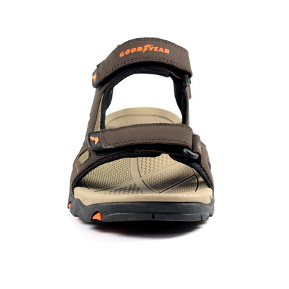 Brown and tan Goodyear Malvern Mens Sandals with adjustable straps and padded insole