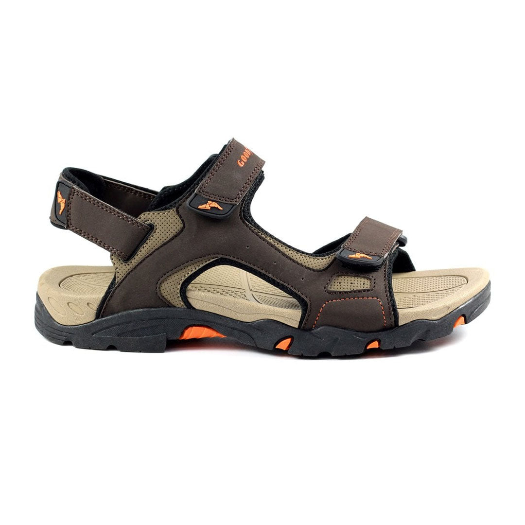 Brown and beige Goodyear Malvern Mens Sandals with adjustable straps and padded insole