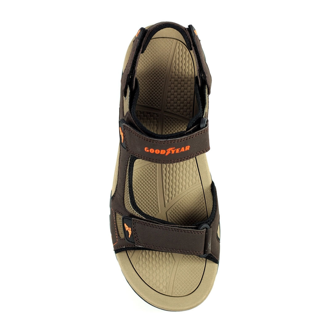 Brown and tan Goodyear Malvern Mens Sandals with adjustable straps and padded insole