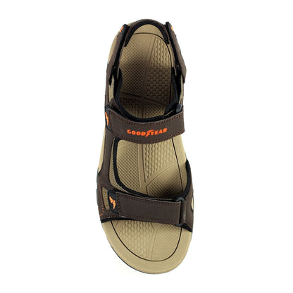 Brown and tan Goodyear Malvern Mens Sandals with adjustable straps and padded insole