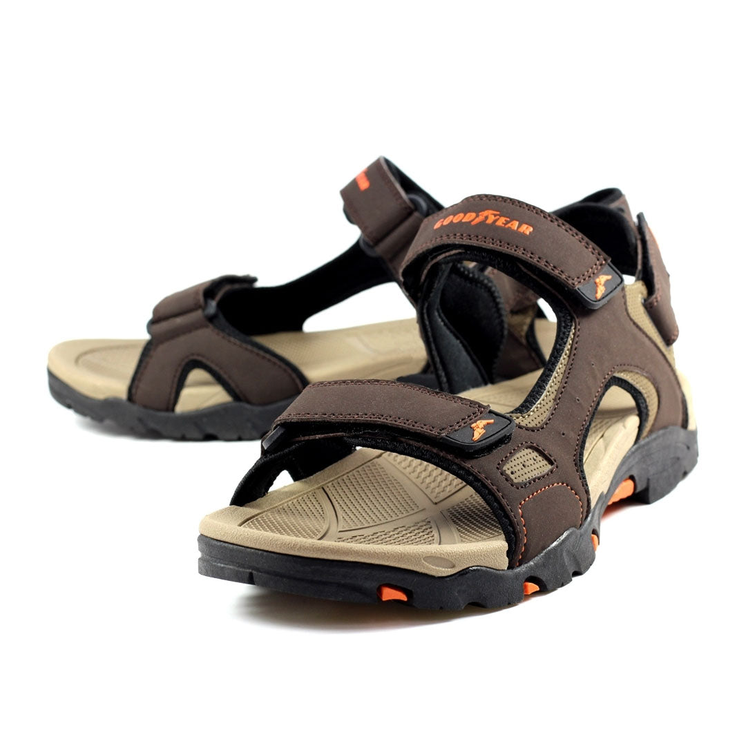 Brown and tan Goodyear Malvern Mens Sandals with adjustable straps and padded insole