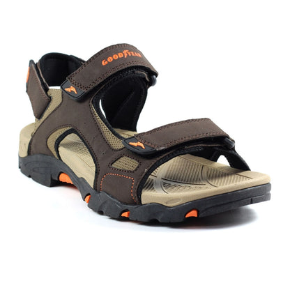 Brown and tan Goodyear Malvern Men’s Sandals with adjustable straps and padded insole