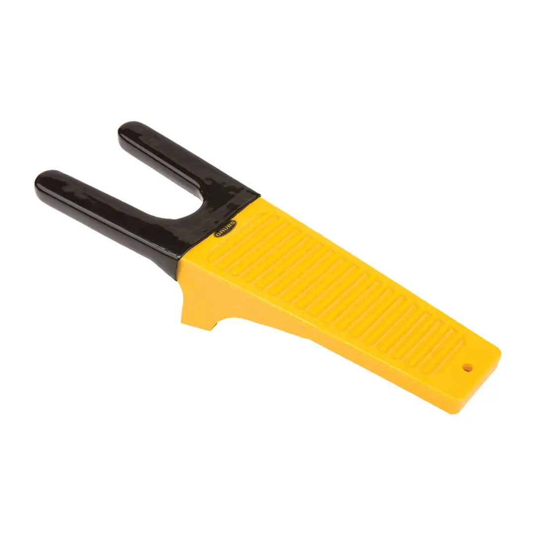 Boot remover tool with yellow handle and black forked end for Grubs Boot Jack