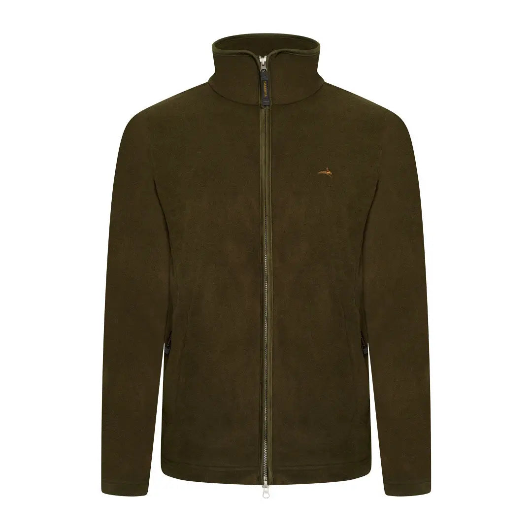 Dark olive green Birtles fleece jacket with full zipper and high collar, perfect for rural Cheshire