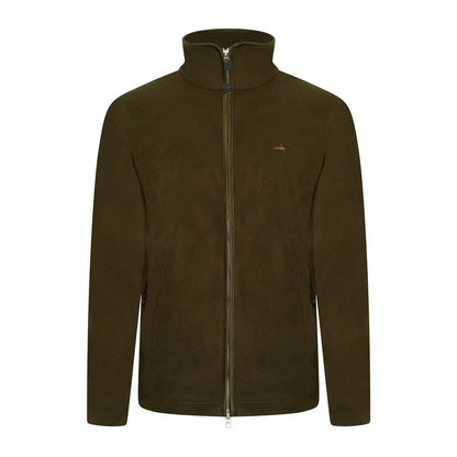 Dark olive green Birtles fleece jacket with full zipper and high collar, perfect for rural Cheshire