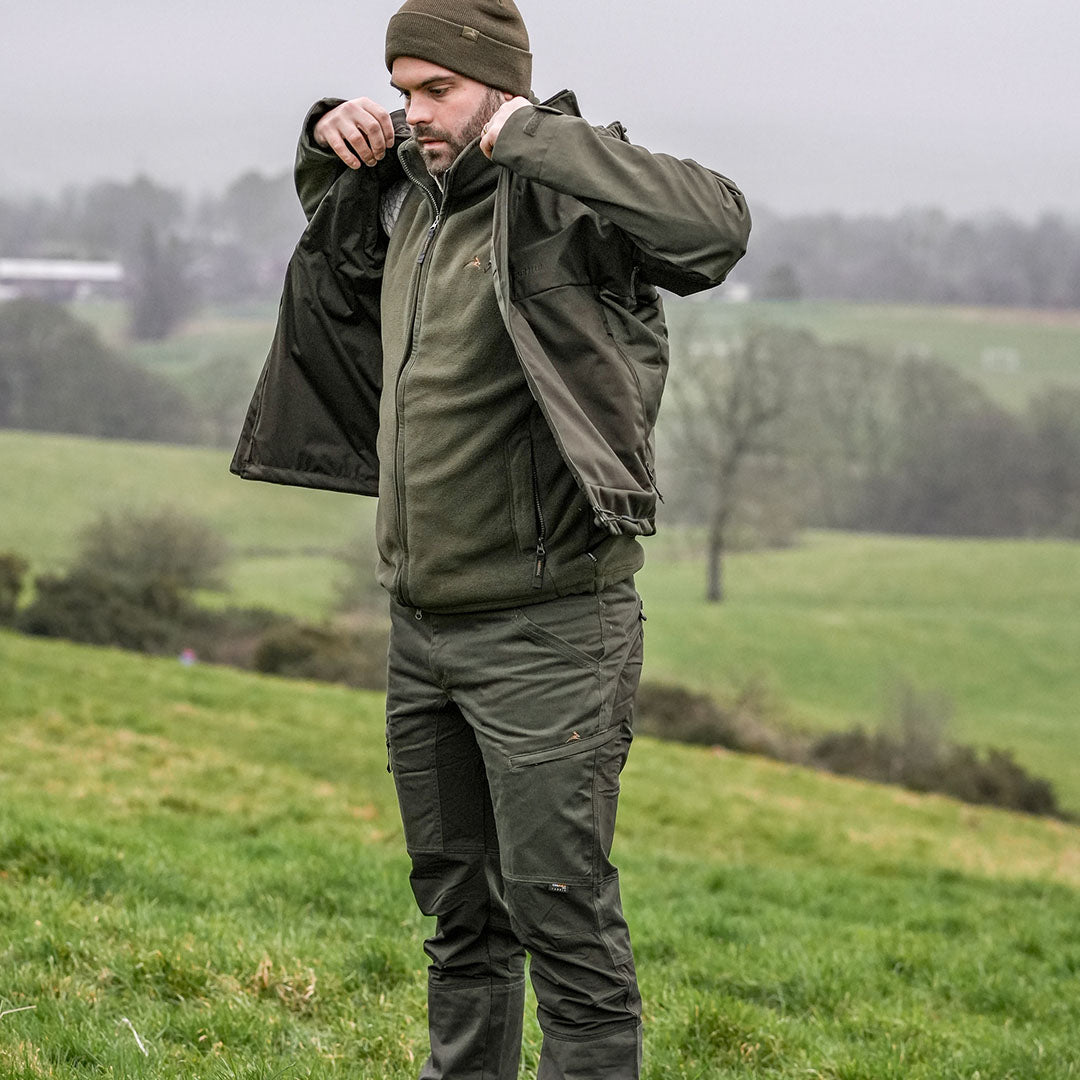 Man in green outdoor clothing wearing Harehill Ridgegate Trousers, perfect hardwearing utility trouser