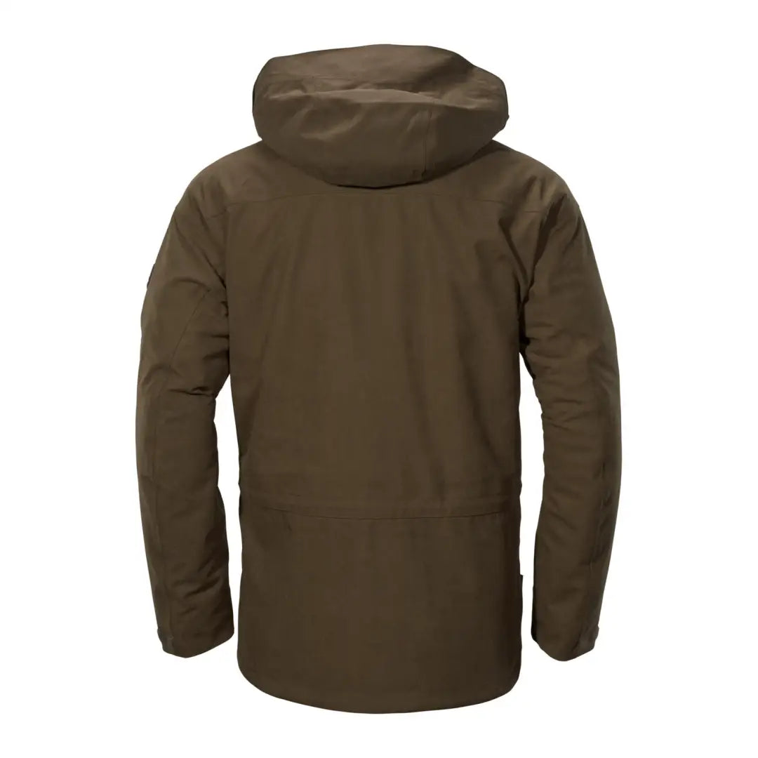 Brown hooded Harkila Driven Hunt HWS Insulated Jacket with long sleeves for outdoor adventures