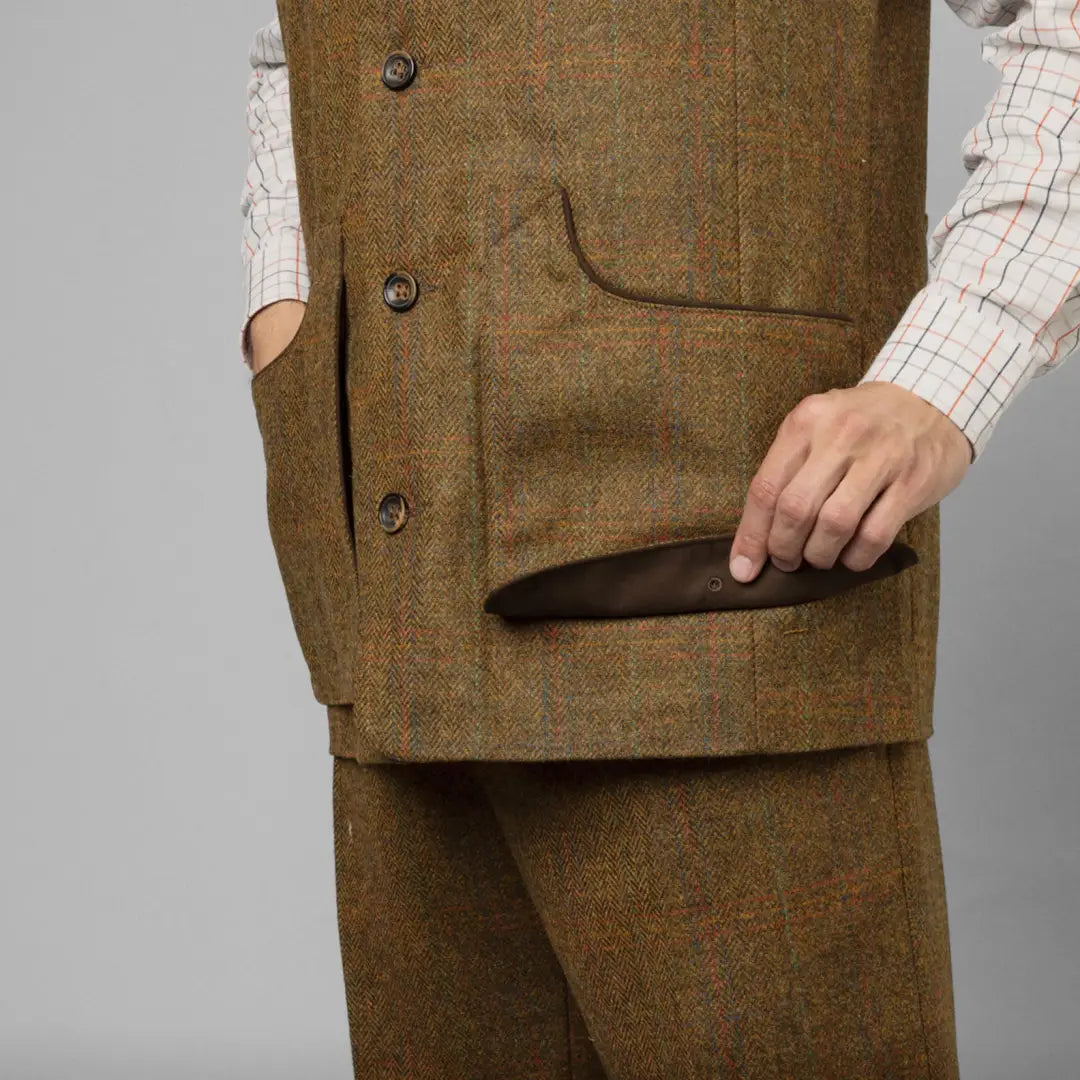 Brown tweed Kenmore Shooting Waistcoat with pockets, perfect for your next shooting adventure