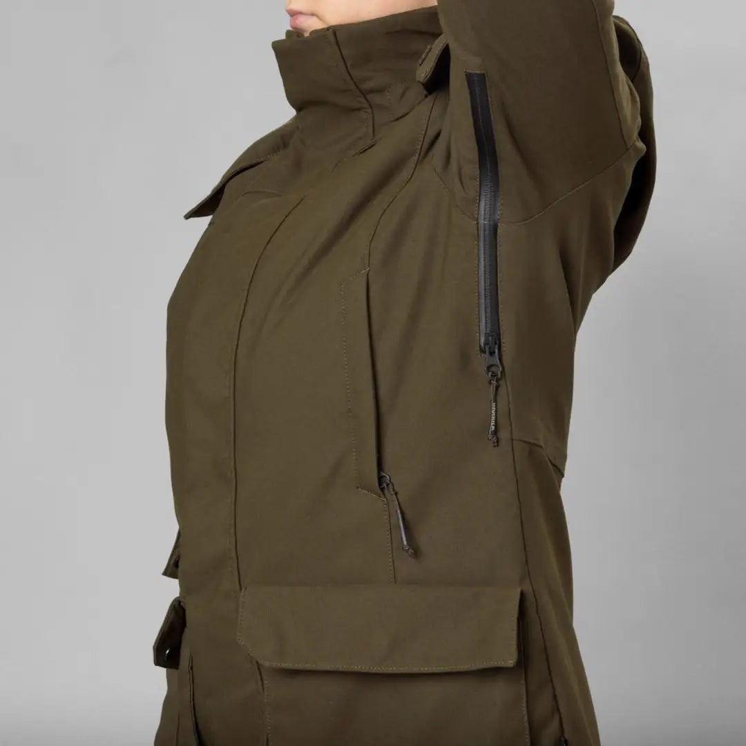 Military-style olive green Harkila Pro Hunter GTX Ladies Jacket with pockets and zippers