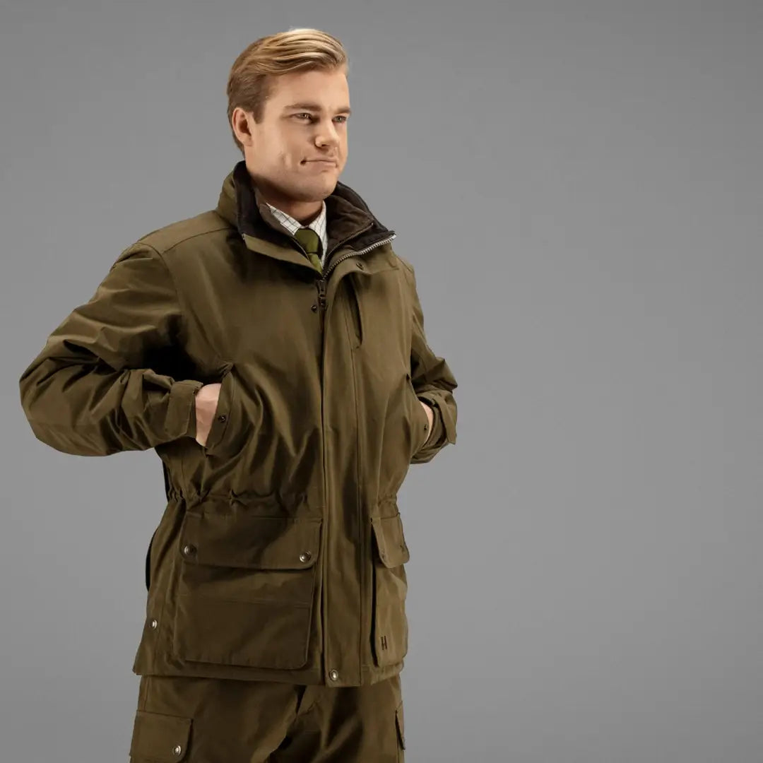 Olive green Harkila Retrieve Jacket for dog handling work, perfect hardwearing style