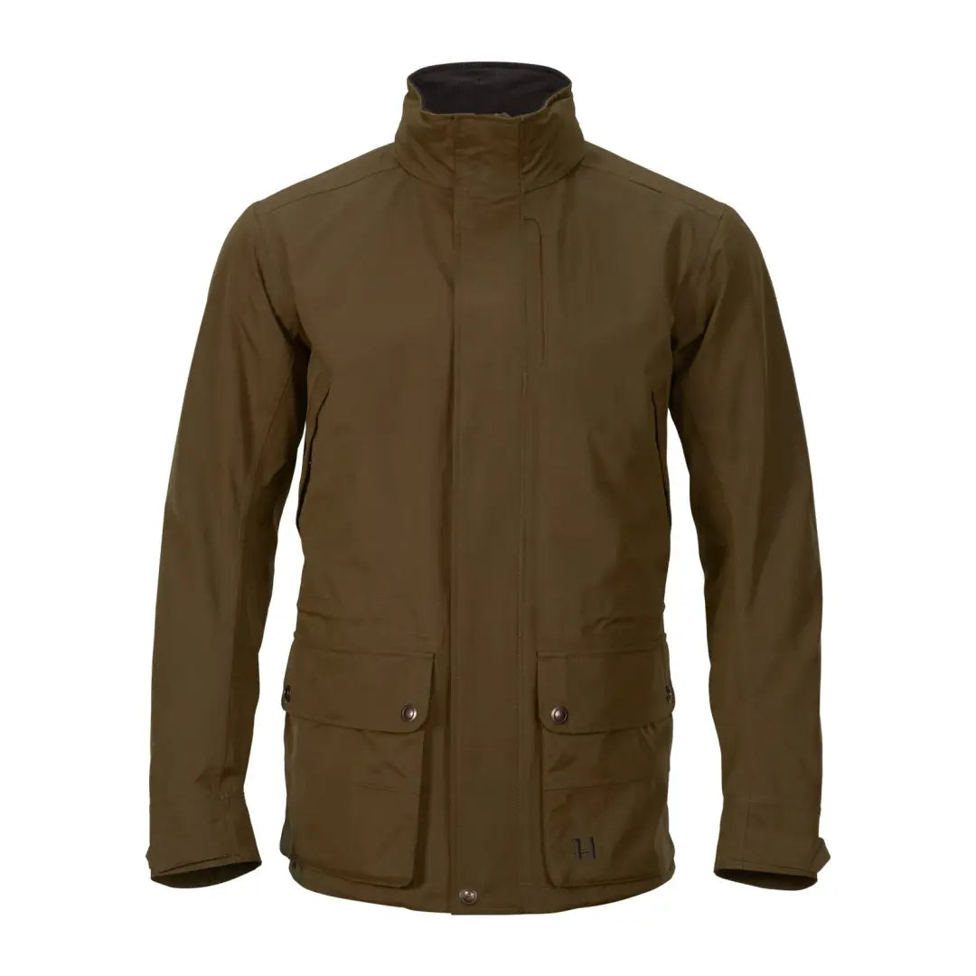 Olive green Harkila Retrieve Jacket with high collar and pockets, great for dog handling work