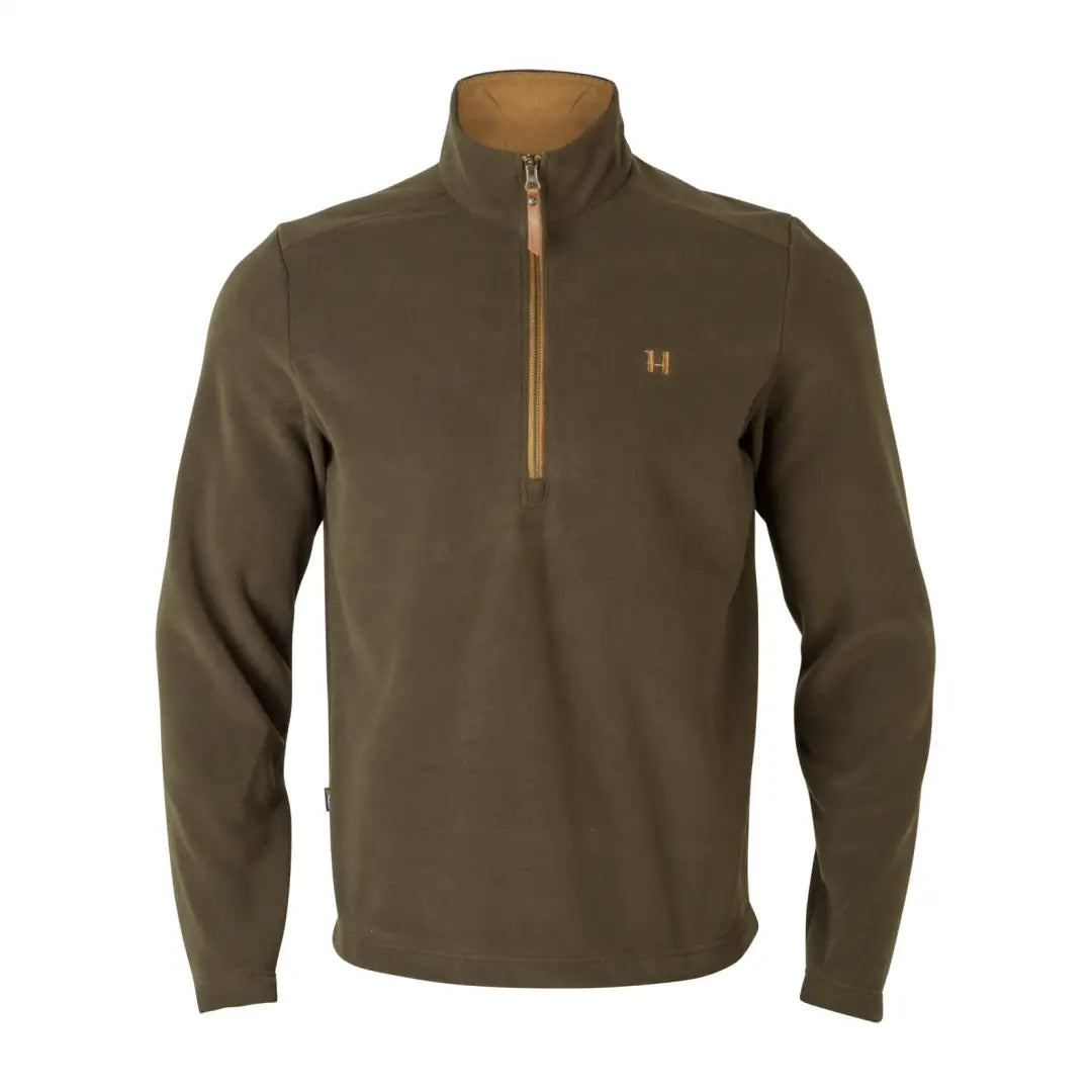 Olive green fleece pullover with gold zipper, perfect for country clothing and hunting