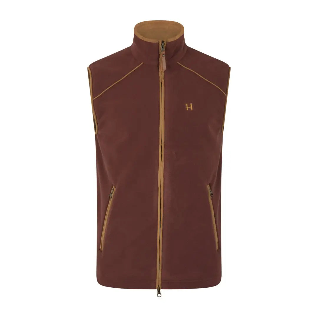 Burgundy Harkila Sandhem fleece vest with gold zipper, perfect for country clothing and hunting