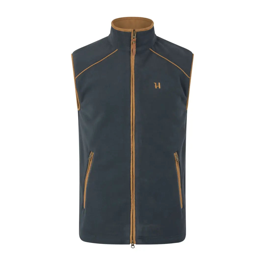 Dark blue Harkila Sandhem Vest with brown zippers, perfect for country clothing and hunting