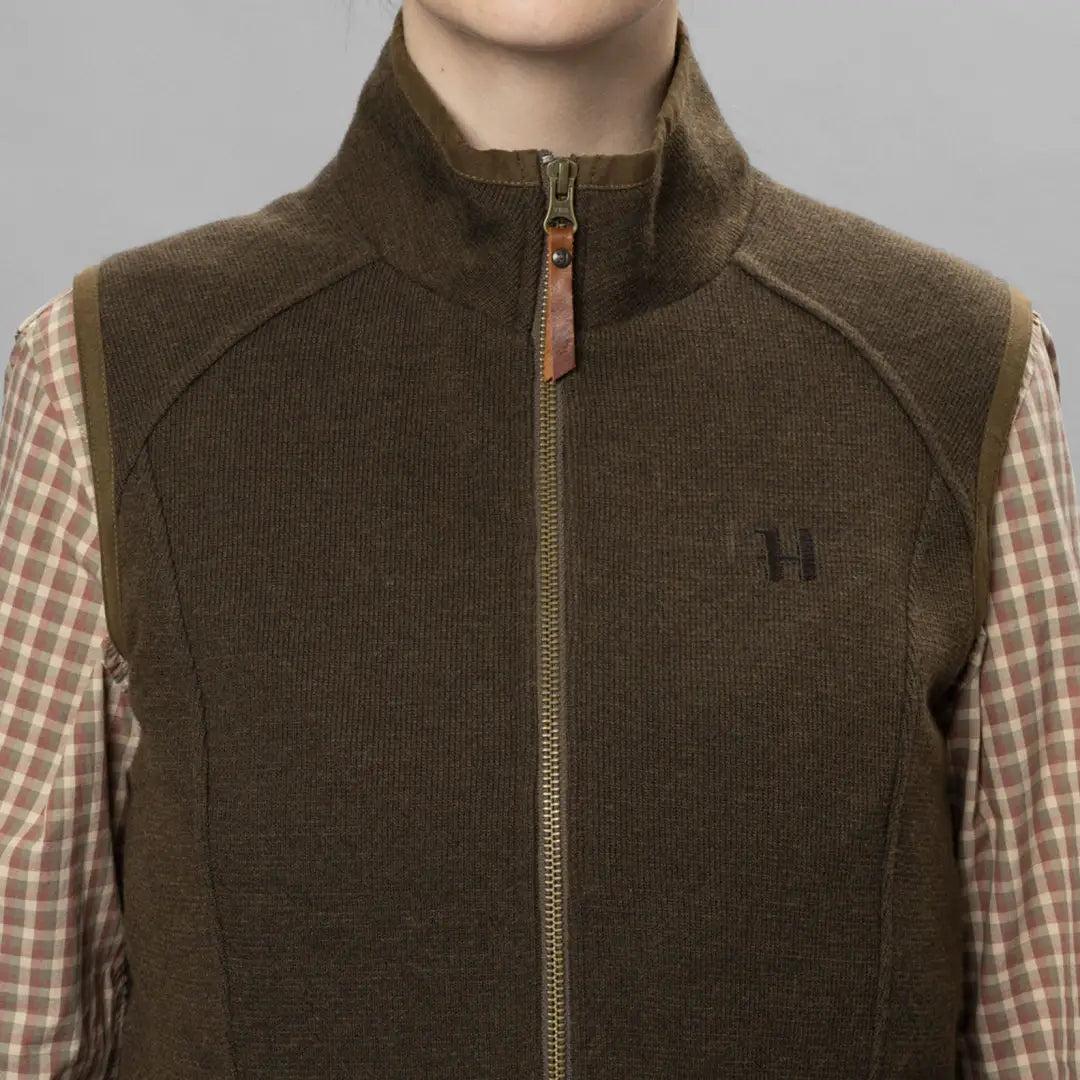 Brown knitted Harkila Sandhem Pro Waistcoat with full-length zipper and stand-up collar