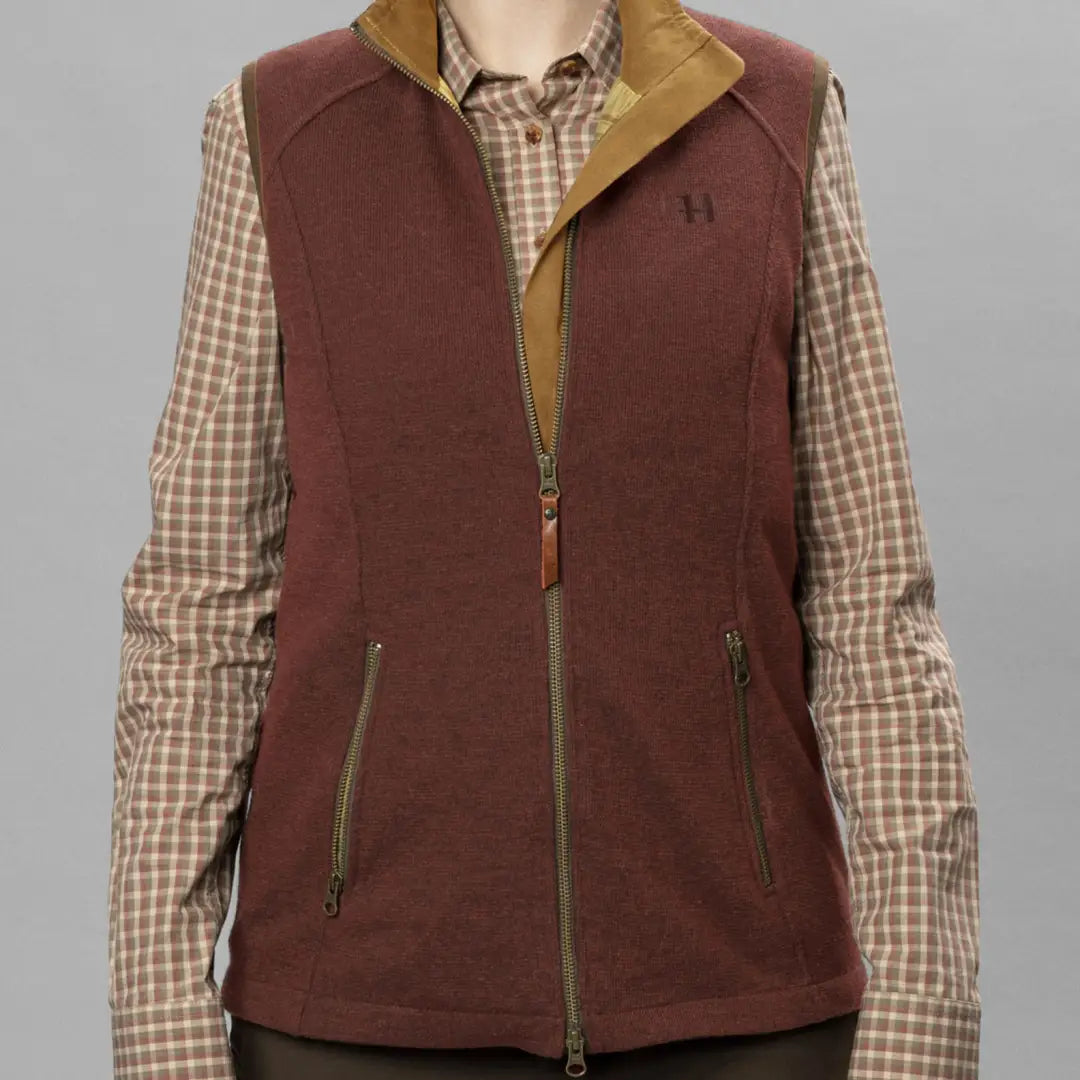 Burgundy Harkila Sandhem Pro Ladies Waistcoat with tan lining over plaid shirt