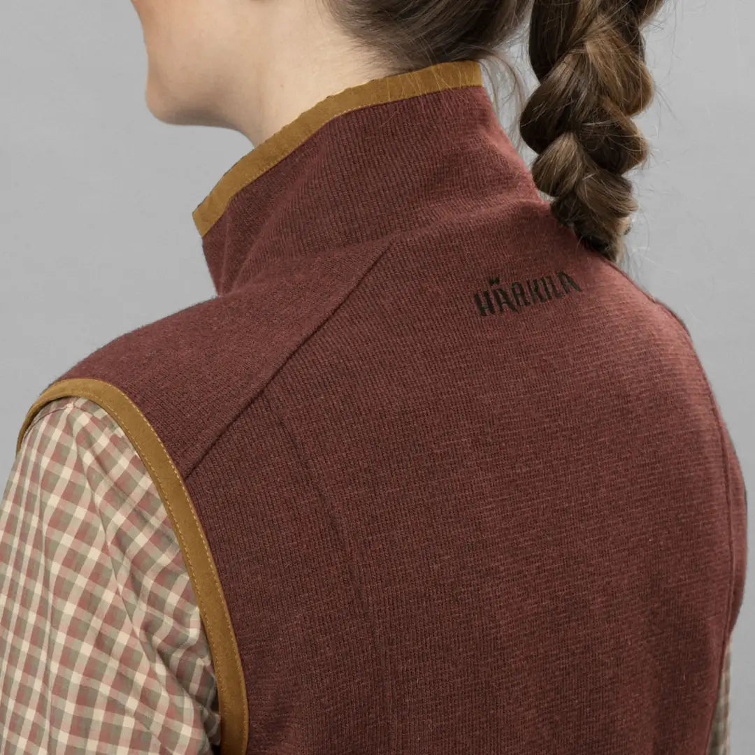 Burgundy Harkila Sandhem Pro Ladies Waistcoat with tan trim and logo on shoulder