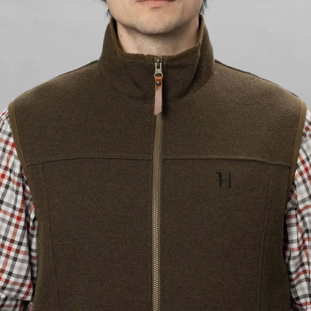 Brown knitted Harkila Sandhem Pro Waistcoat with high collar and zipper closure