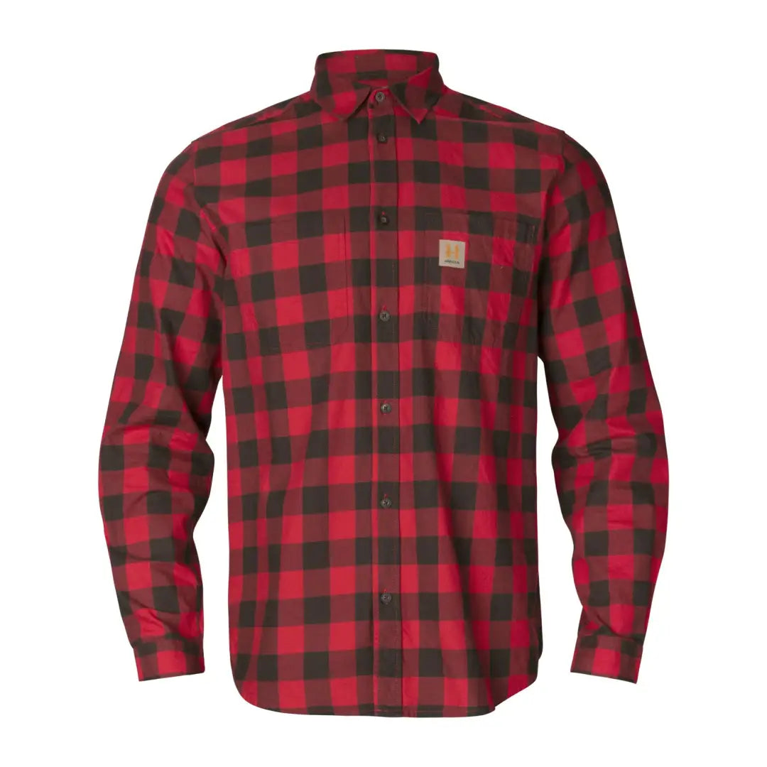 Red and black plaid flannel shirt, a durable choice designed for style with Härkila Scandinavian flair