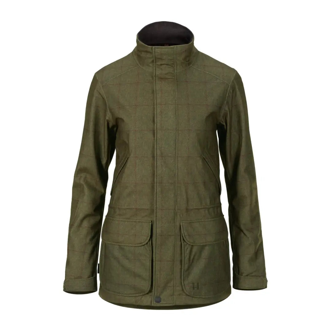 Olive green Harkila Stornoway Shooting Lady Jacket with high collar and pockets