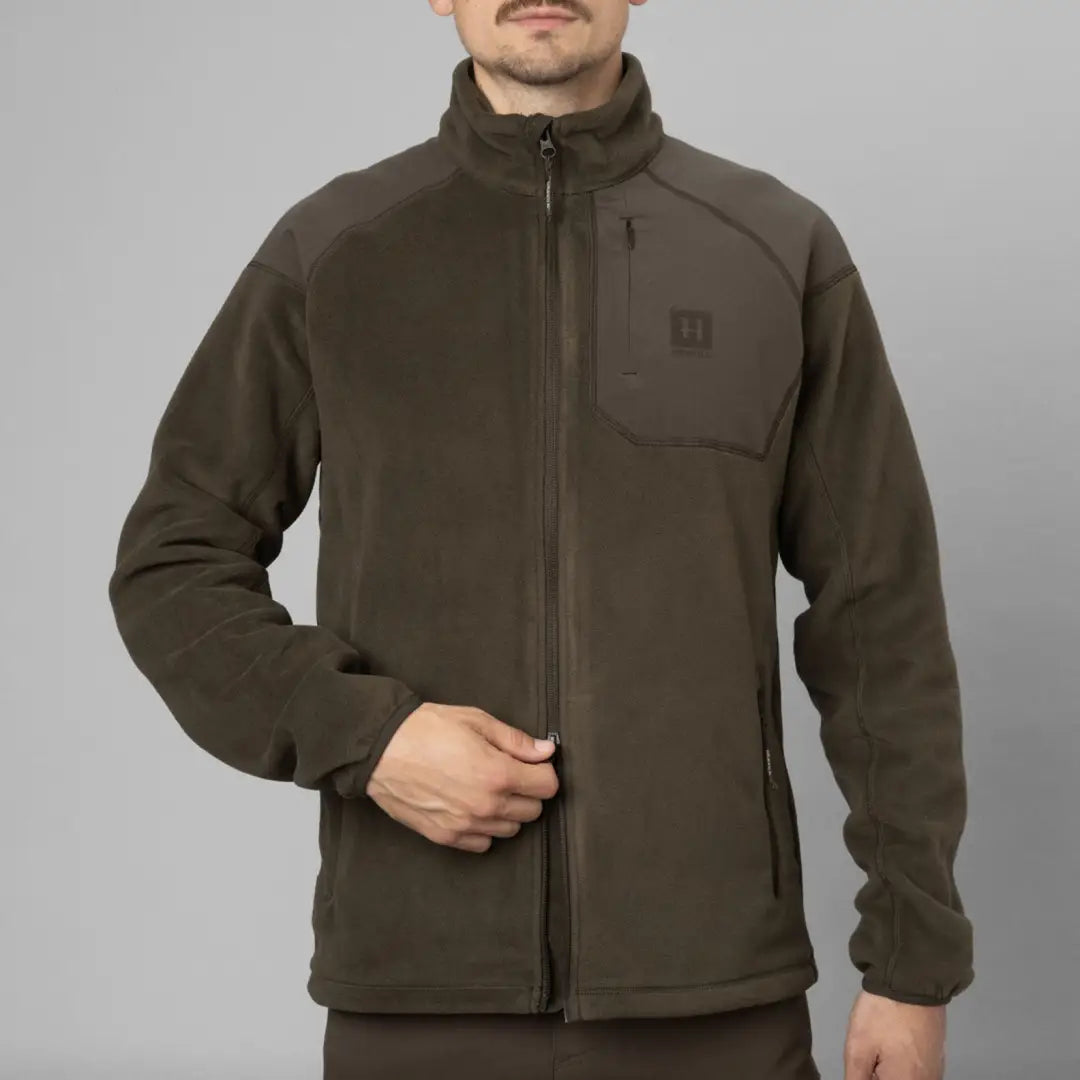 Dark brown Harkila Venjan fleece jacket with full-length zipper and chest pocket