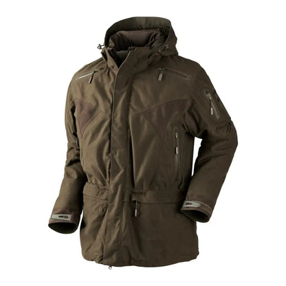 Olive green Harkila Visent winter hunting jacket with pockets and waist belt for weather protection